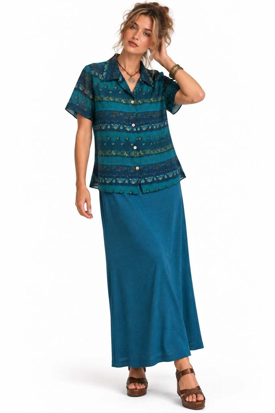 Vintage Y2K Worthington 2 Piece Skirt Set Size 16 Teal Blue Floral Boho Maxi